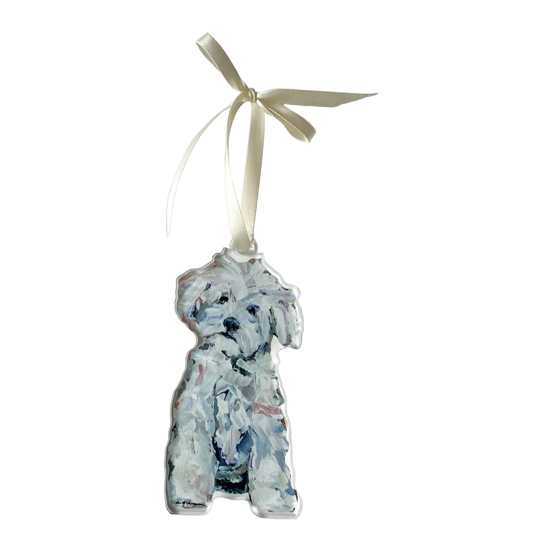 Decorative ornament shaped like a dog with a white ribbon on a light gray background