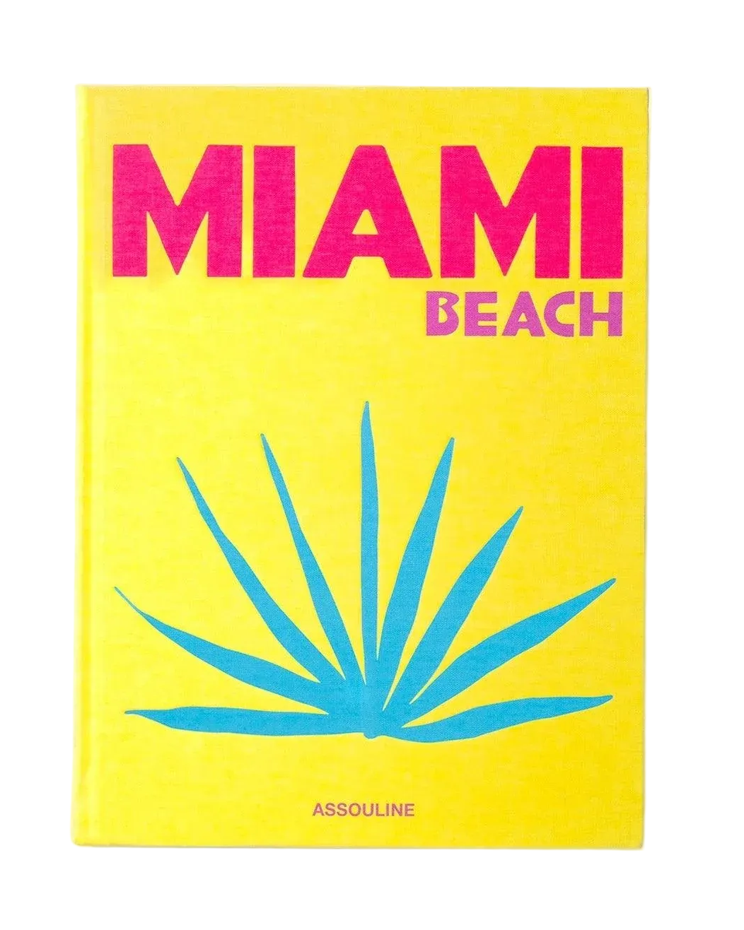 Book cover with 'MIAMI BEACH' text and a blue plant design on a yellow background