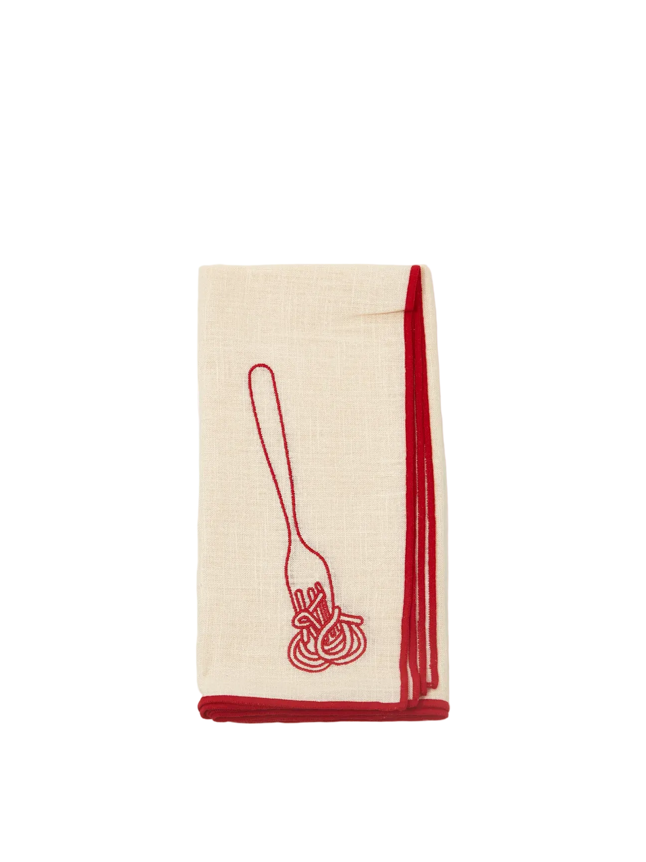 Beige towel with red embroidered design on a white background