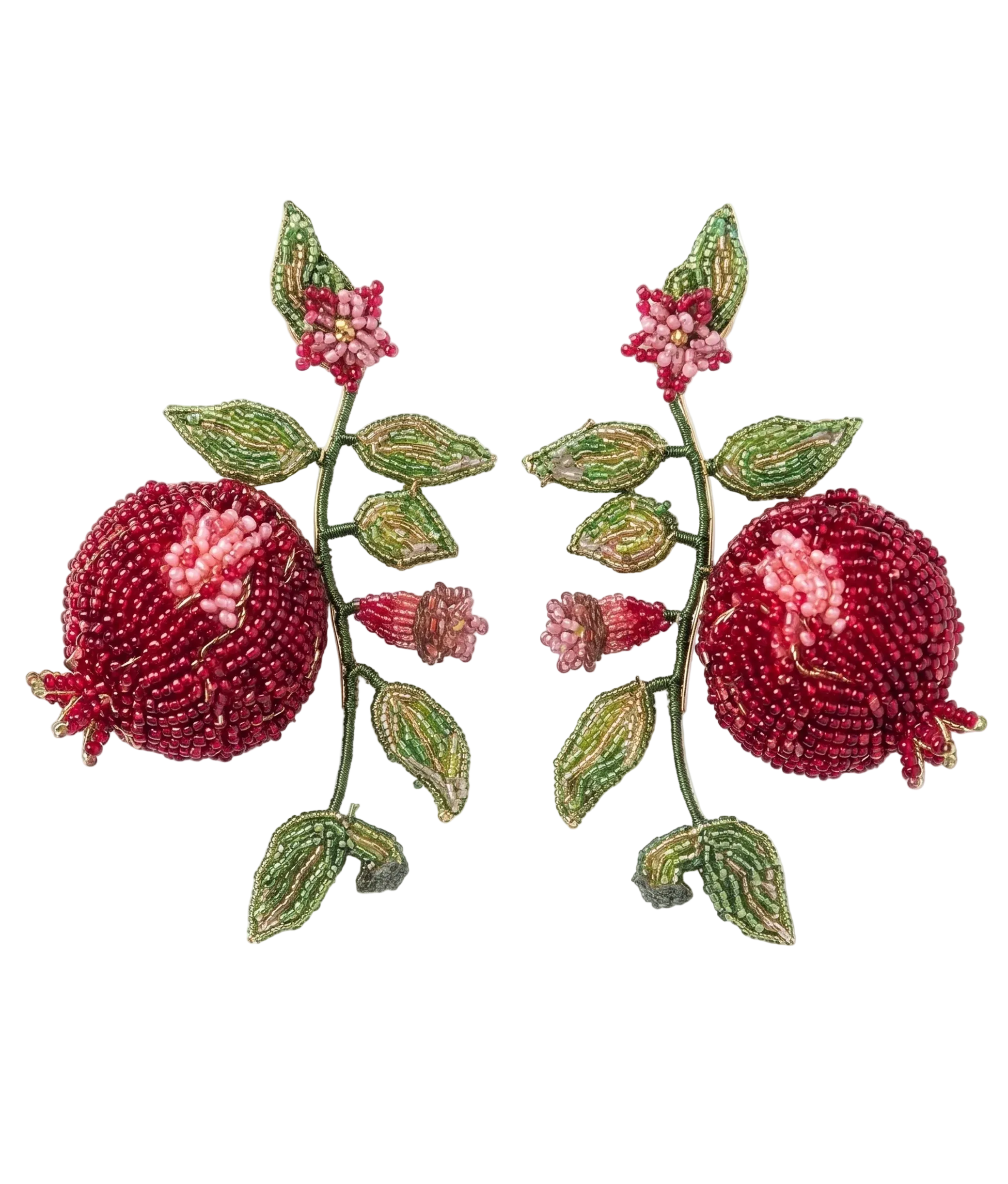 Pair of red beaded floral earrings on a white background