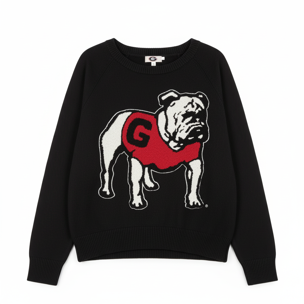 Miller Collective black chenille sweater featuring a white and red Georgia bulldog emblem on the front