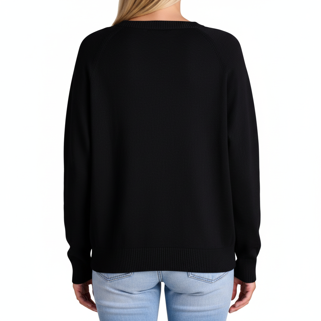 Back view of a Miller Collective black chenille sweater with a crew neckline worn with light wash blue jeans.
