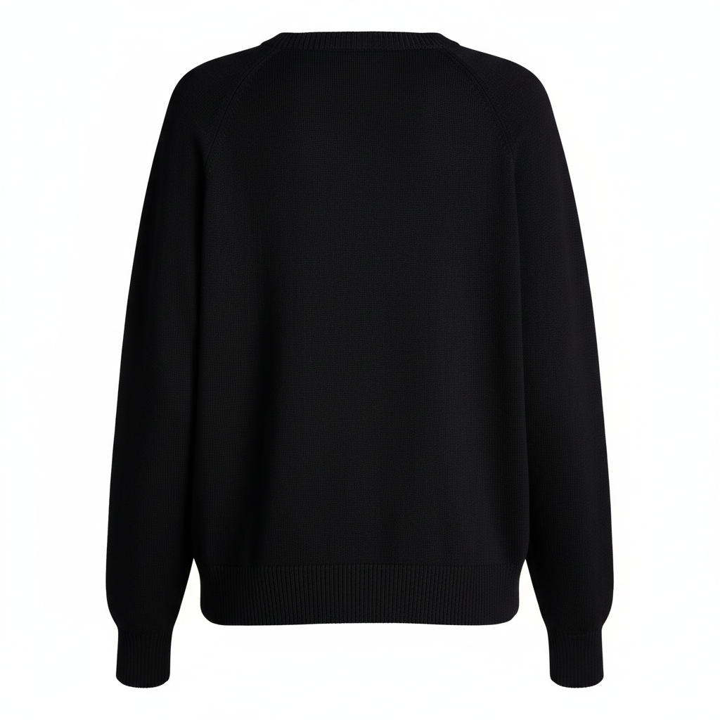 Back view of a Miller Collective black chenille sweater with long sleeves and ribbed cuffs and hem.