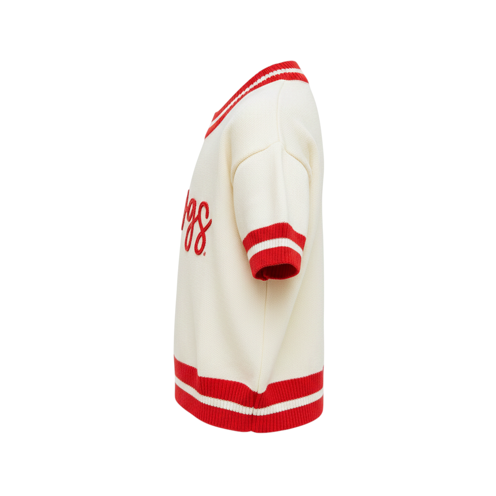 Miller Collective cream short-sleeve varsity sweater with red striped trim and embroidered dawgs script, side view.