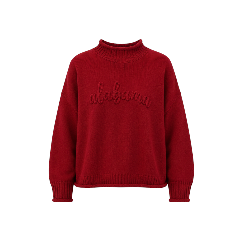 Miller Collective crimson mockneck sweater with tonal Alabama script embroidery, drop shoulders, and ribbed trim.