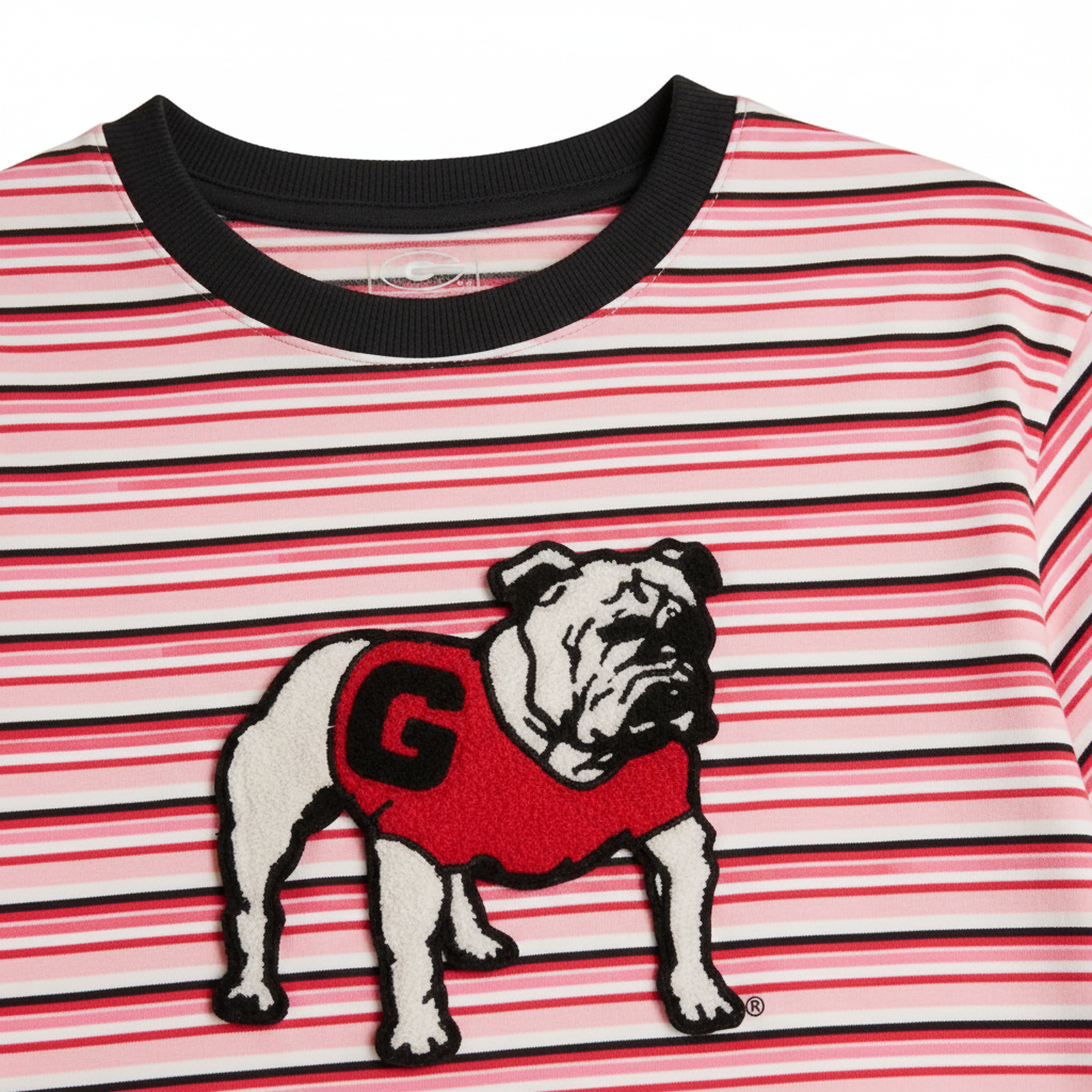 Miller Collective Georgia Girls Weekend Stripe Tee with a bulldog mascot patch on pink and white striped fabric