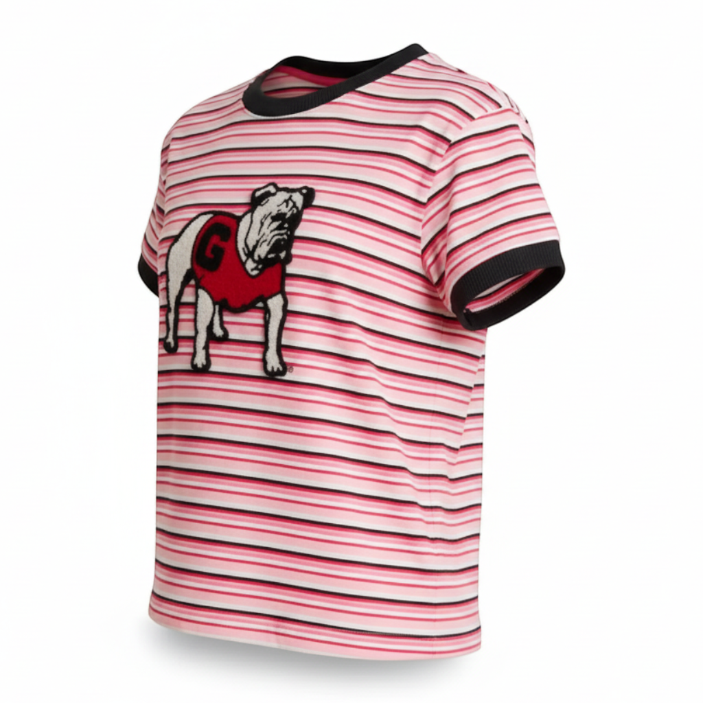 Miller Collective Georgia Girls Weekend Stripe Tee featuring pink and white stripes with a bulldog mascot graphic.