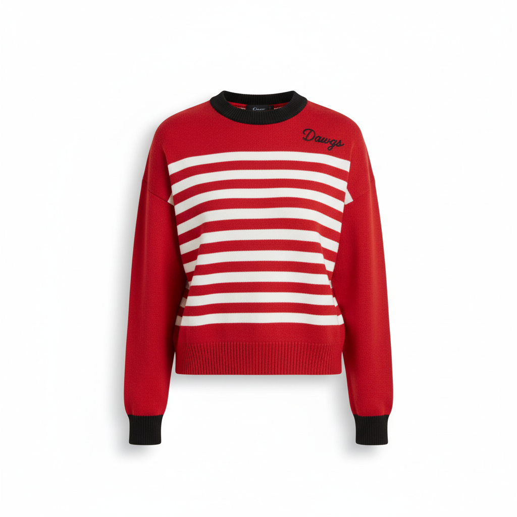 Miller Collective red and white striped sweater with black trim and Dawgs embroidery on the chest.