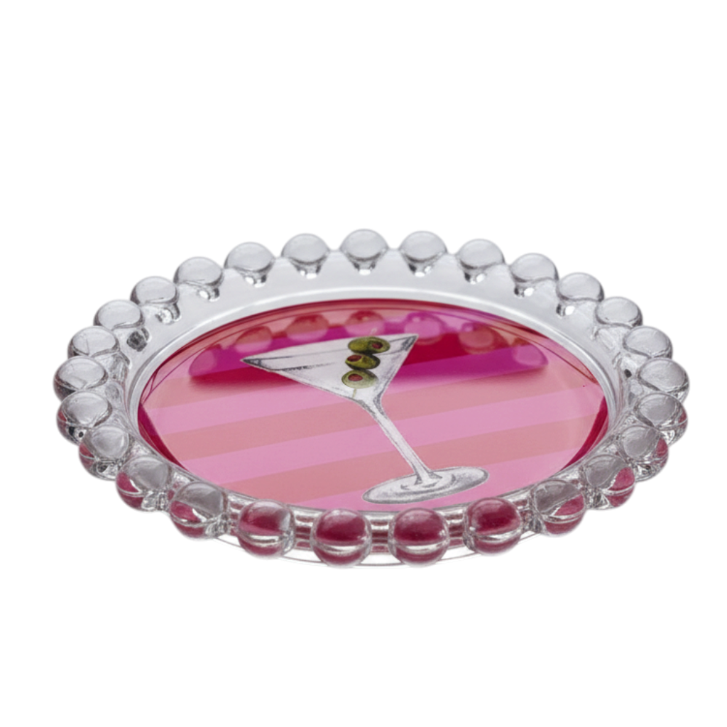 Miller Collective striped trinket dish featuring a martini glass illustration with a beaded clear glass rim