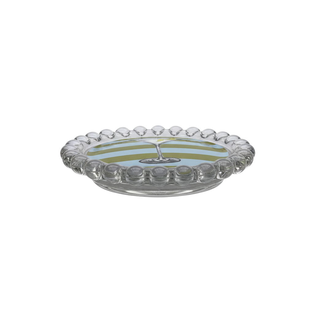 Miller Collective glass trinket dish featuring a striped martini glass design with a scalloped beaded edge