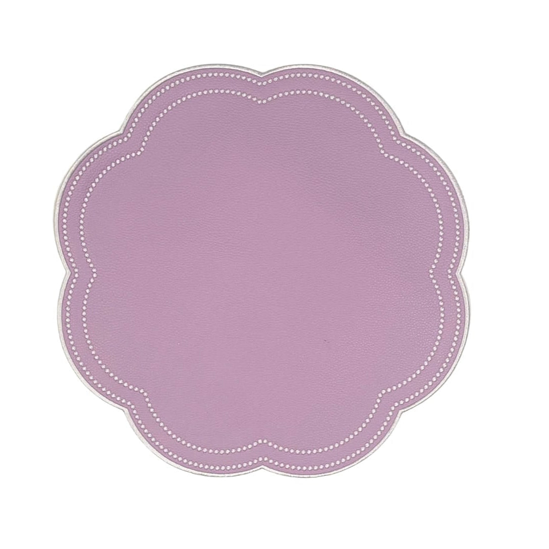 Round purple placemat with scalloped edge on a white background