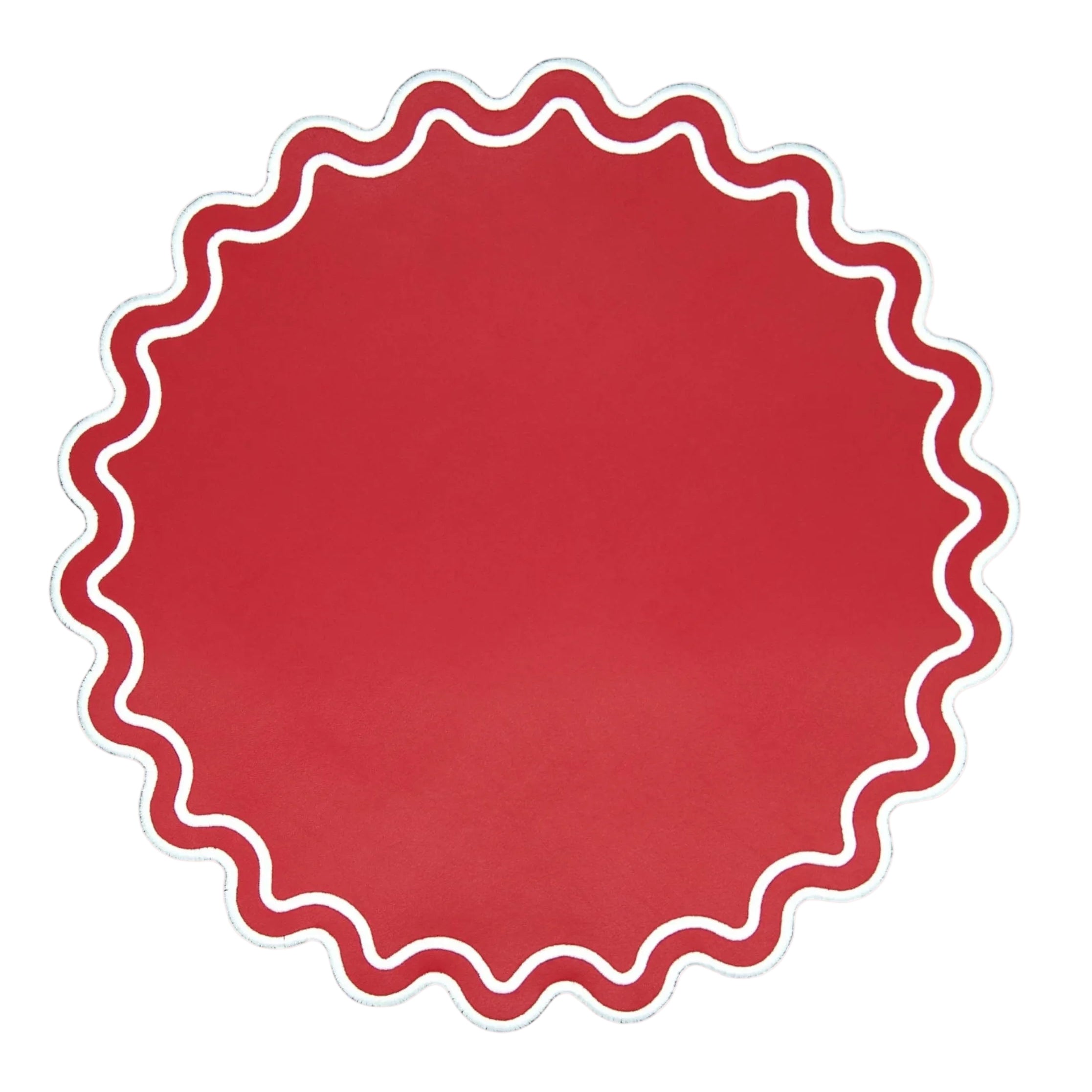 Red circular badge with wavy border on a white background