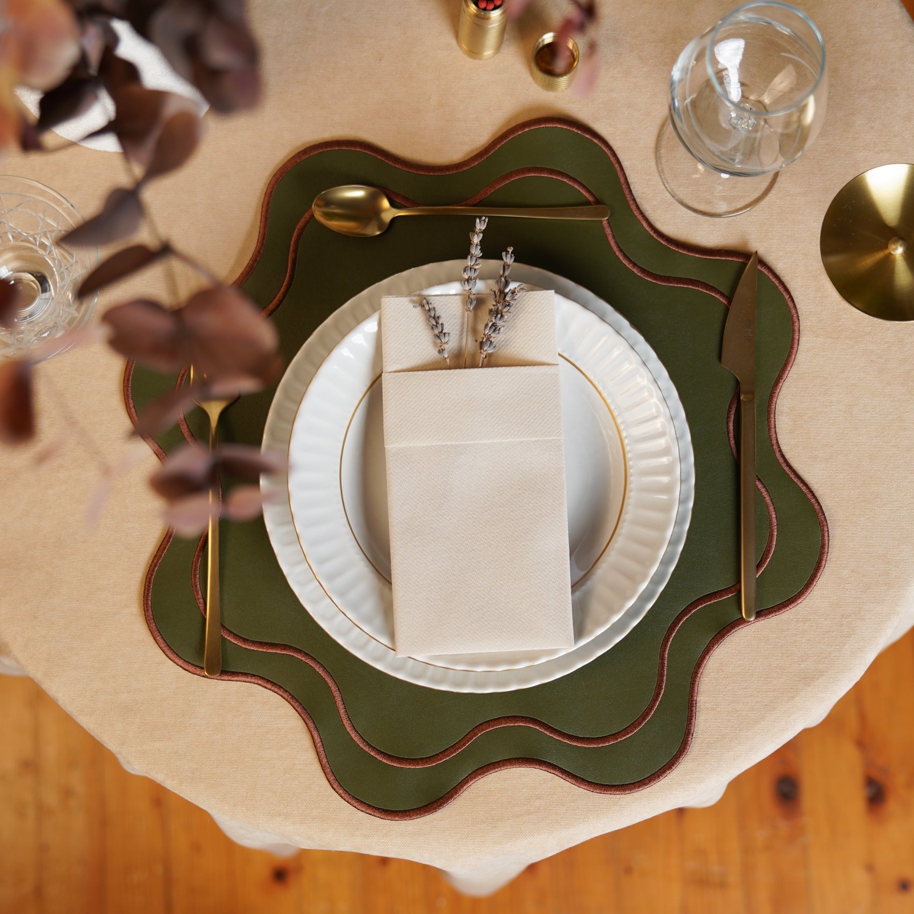 Haven Dark Green with Brown Trim Wavy Edge Faux Leather Placemat