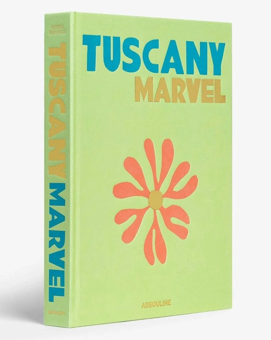 Book titled 'Tuscany Marvel' with a colorful design on a white background