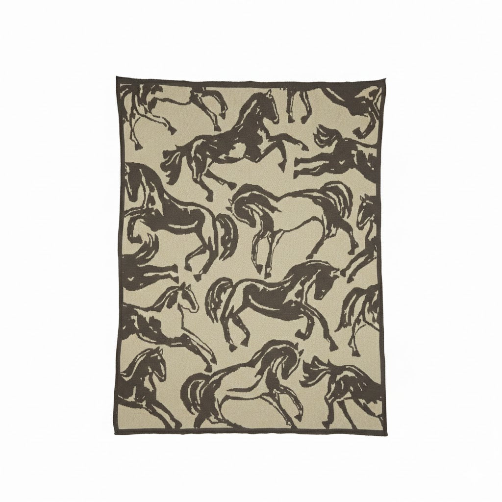 Equestrian Abstract Horse Knit Throw Blanket - Grey