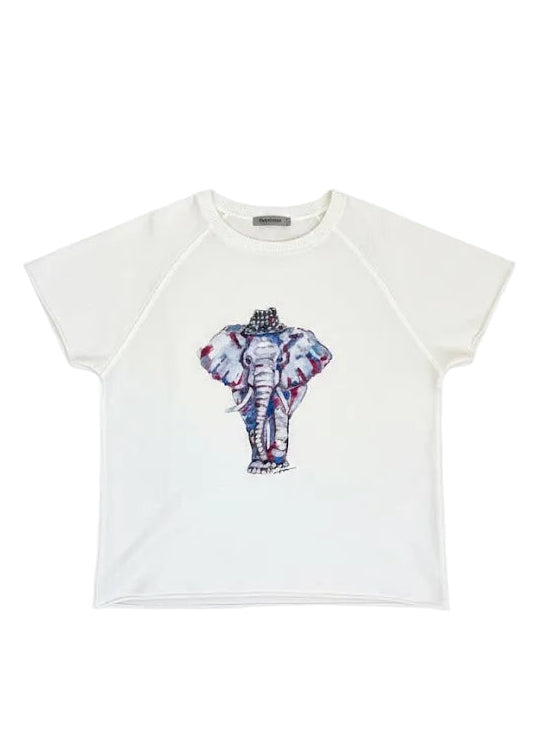 White t-shirt with a colorful elephant design on a white background