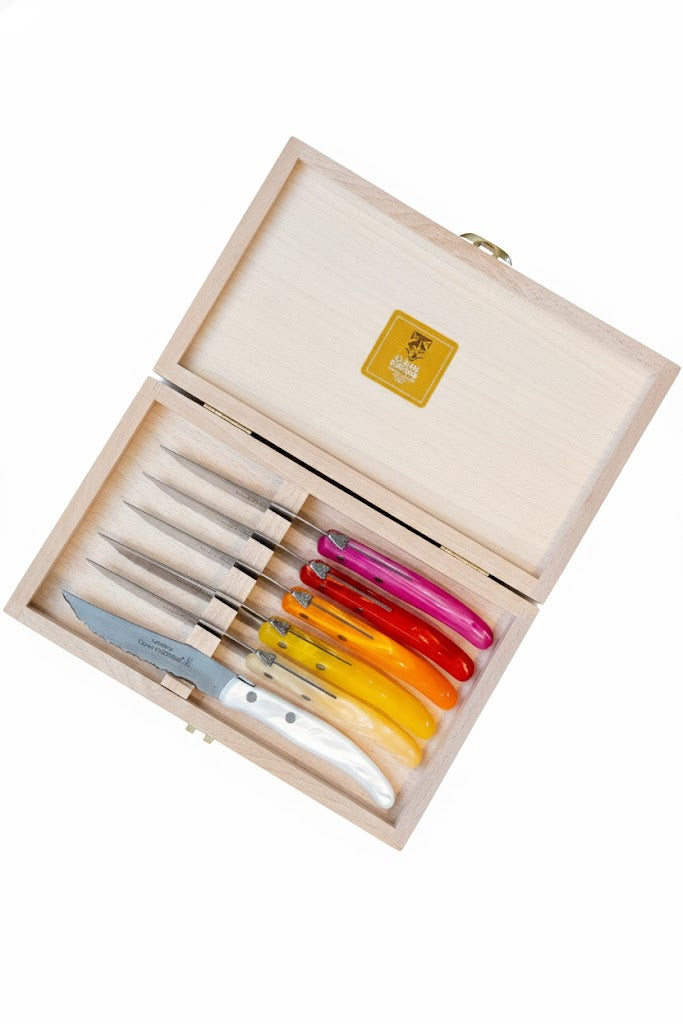 Set of colorful knives in a wooden box on a white background