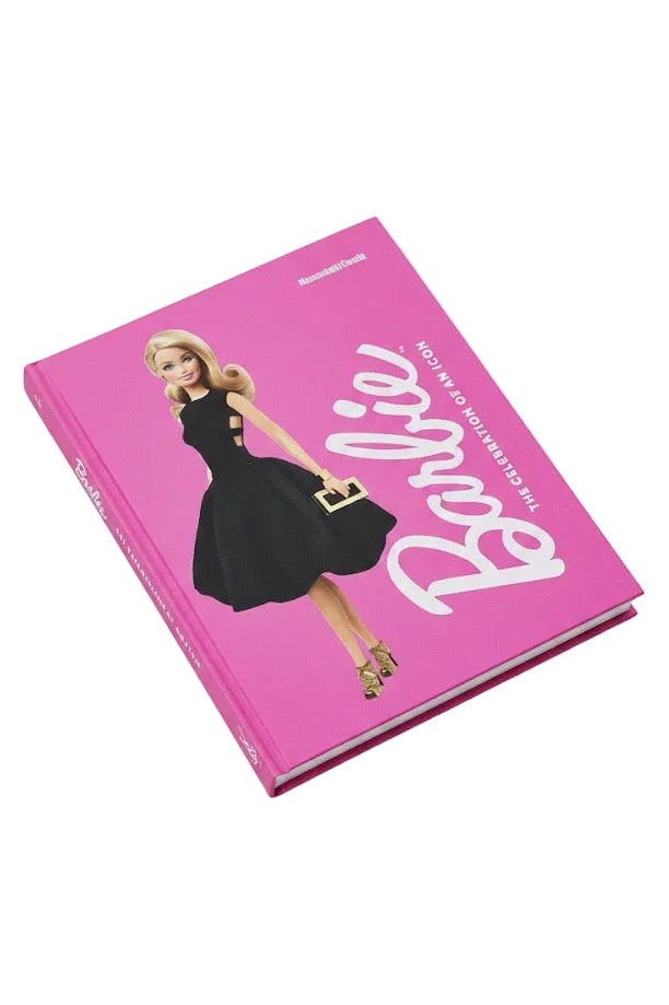 Pink notebook with a graphic of a blonde doll wearing a black dress on a white background