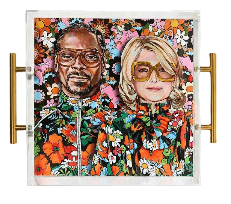 Colorful portrait of a man and woman with floral patterns on a white background