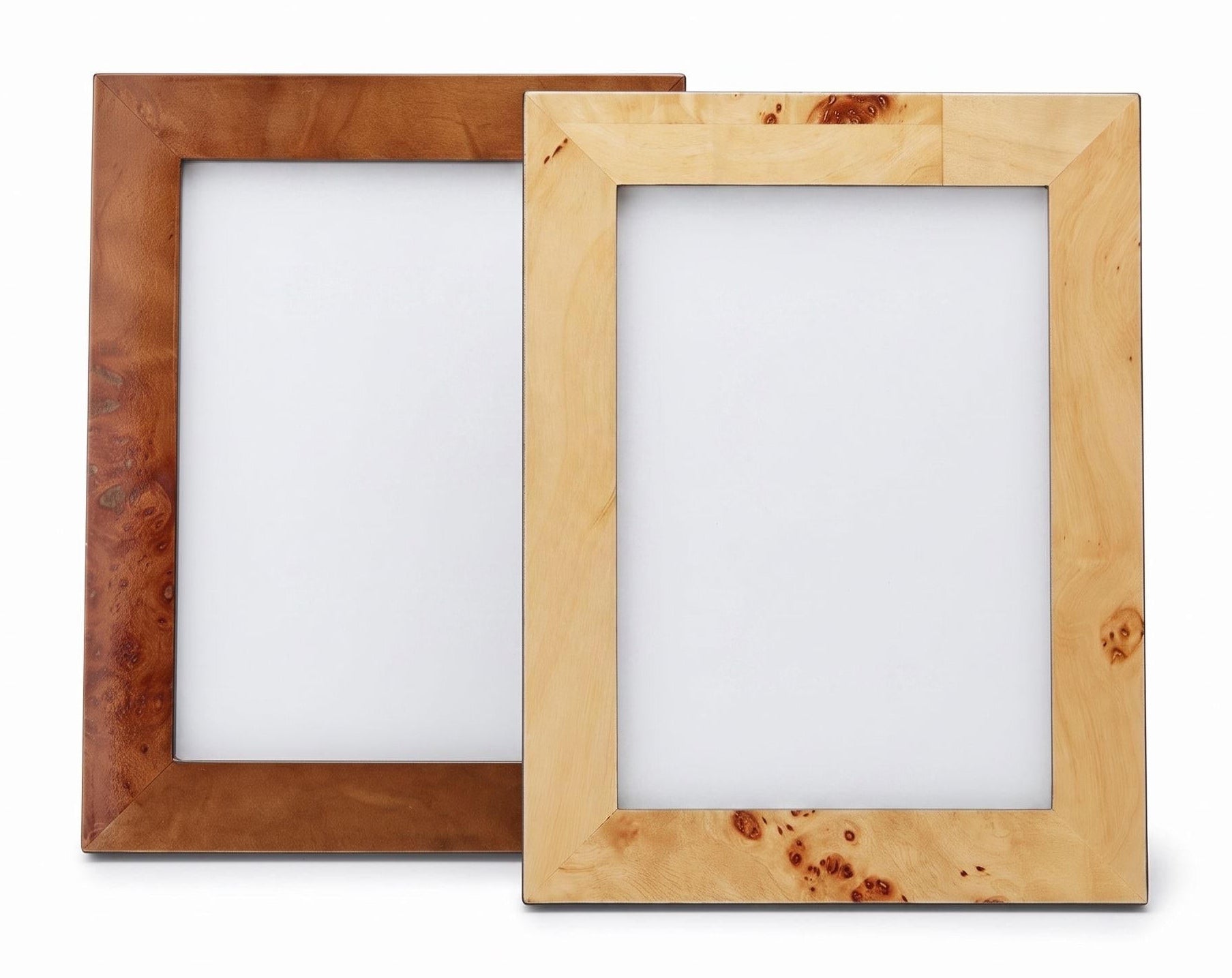 Two wooden picture frames with natural burl wood grain, one in a medium brown tone and the other in a light tan tone, shown on a plain white background.