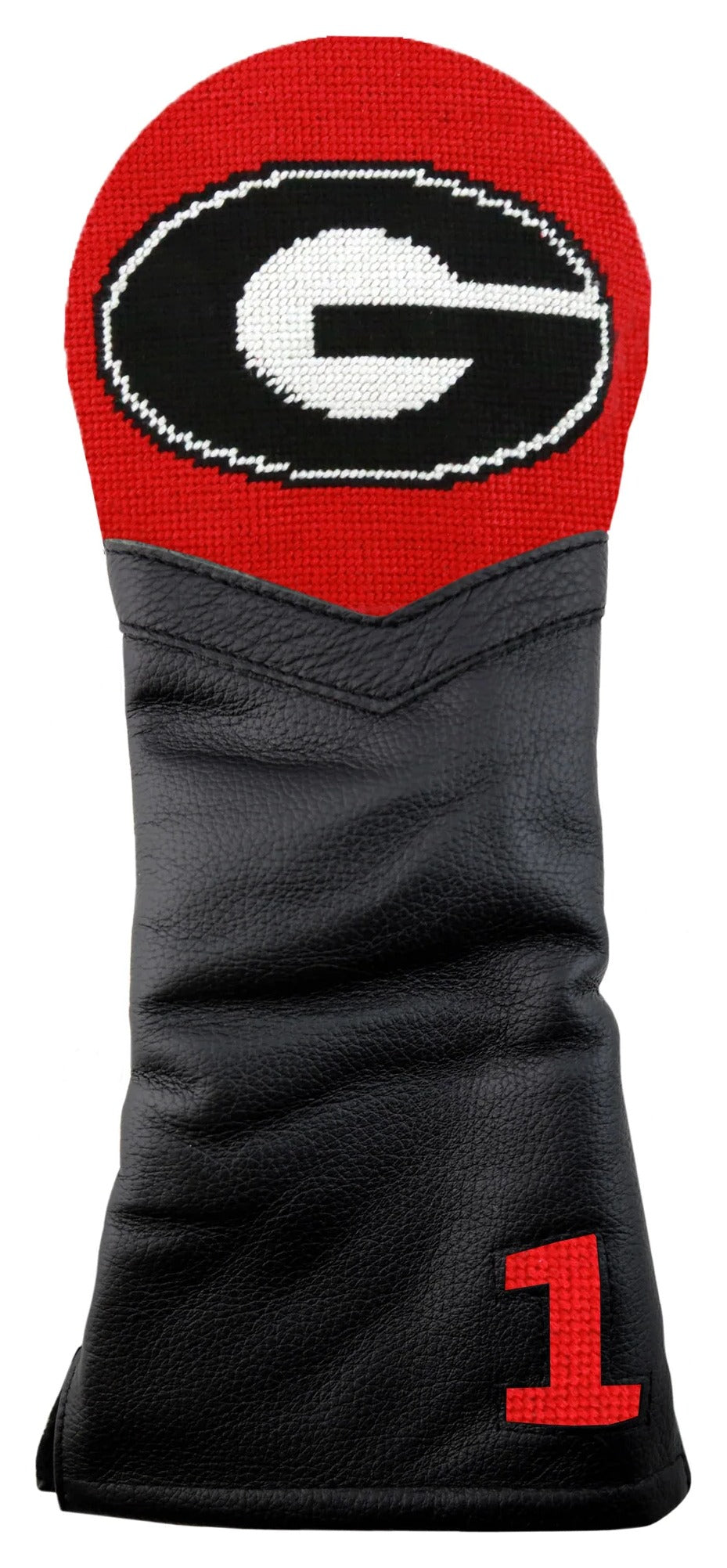 A UGA golf headcover with red and black needlepoint, designed to fit a modern driver up to 460cc.